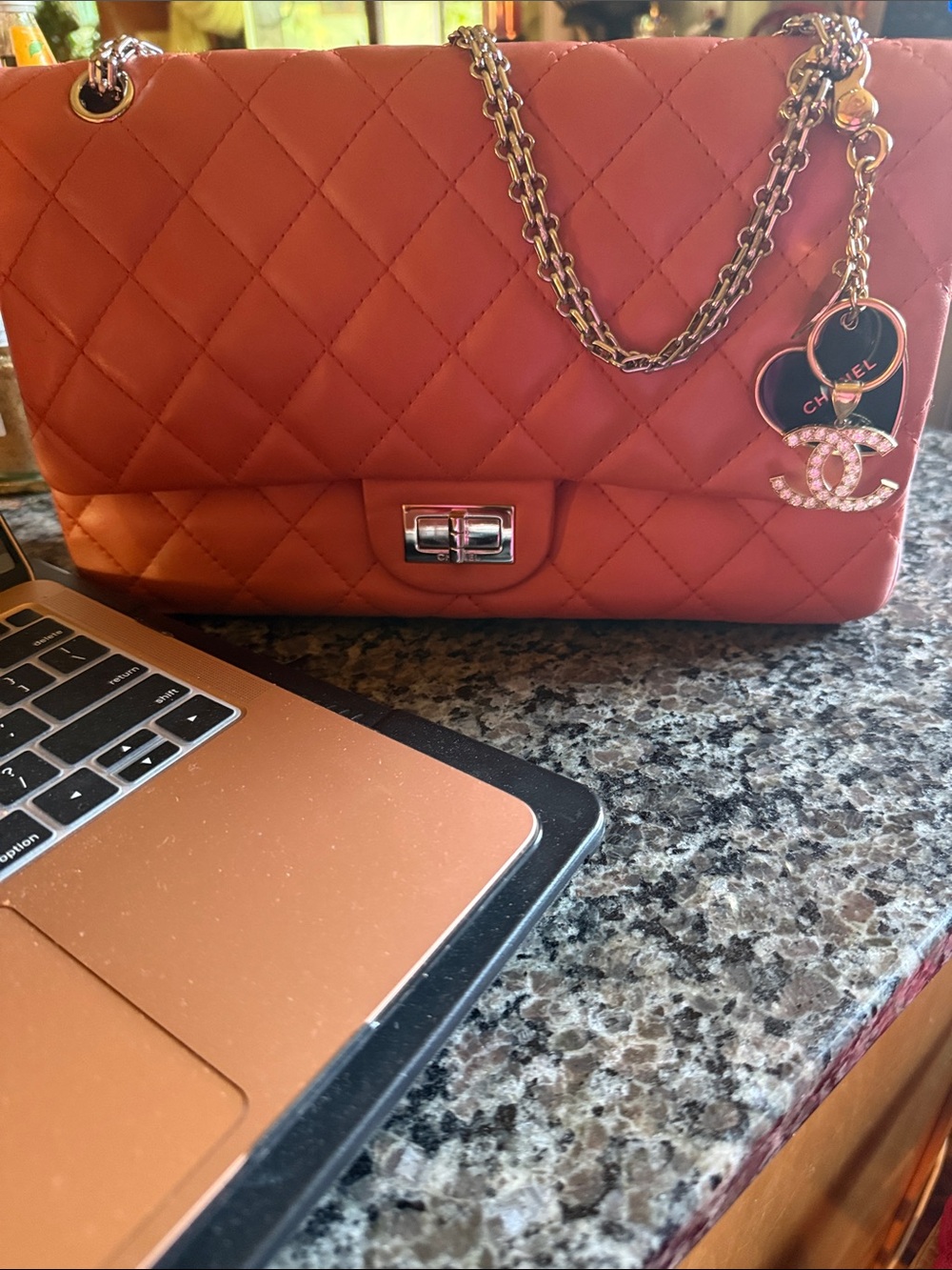 CHANEL Quilted Shoulder Bag in Coral Orange with Gold